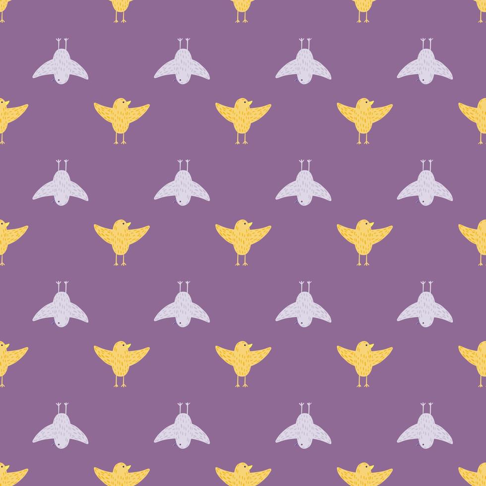 modèle sans couture de dessin animé avec ornement d'oiseaux volants de couleur jaune et bleu. fond violet. vecteur