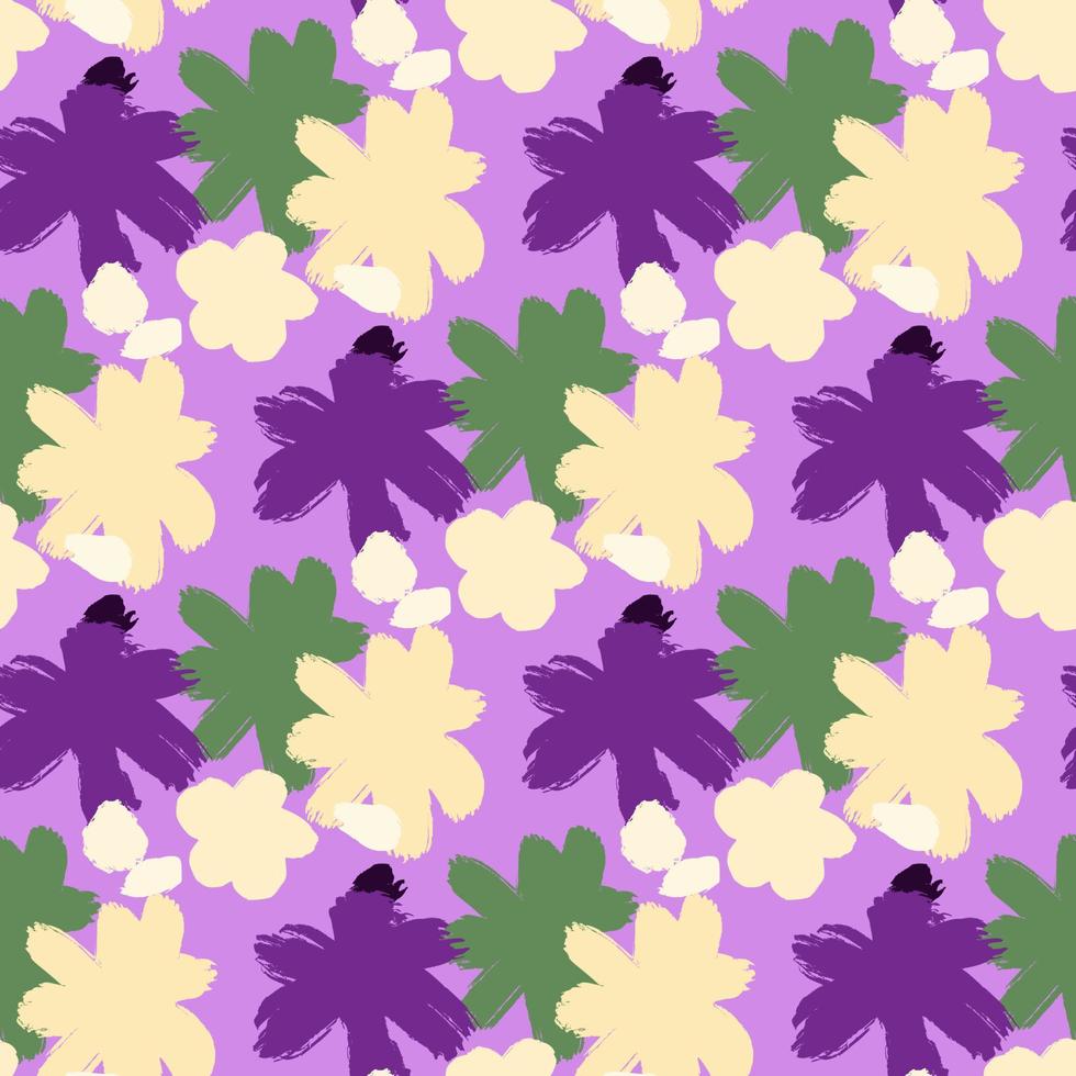 modèle sans couture d'éléments de fleurs dessinés à la main de couleur verte et violette. fond lilas. impression d'époque. vecteur
