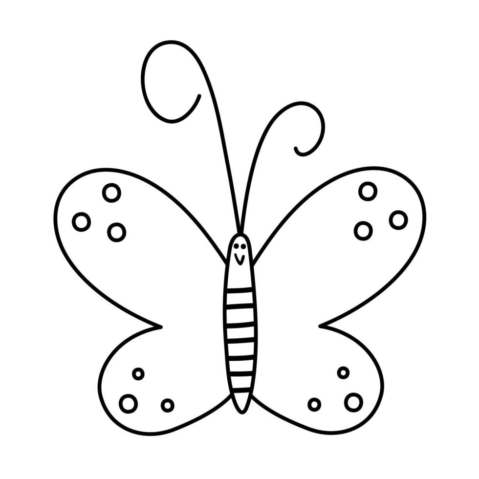 icône de vecteur papillon noir et blanc. esquissez une page de coloriage drôle d'insecte de forêt, de forêt ou de jardin. illustration de bogue mignon pour les enfants isolé sur fond blanc