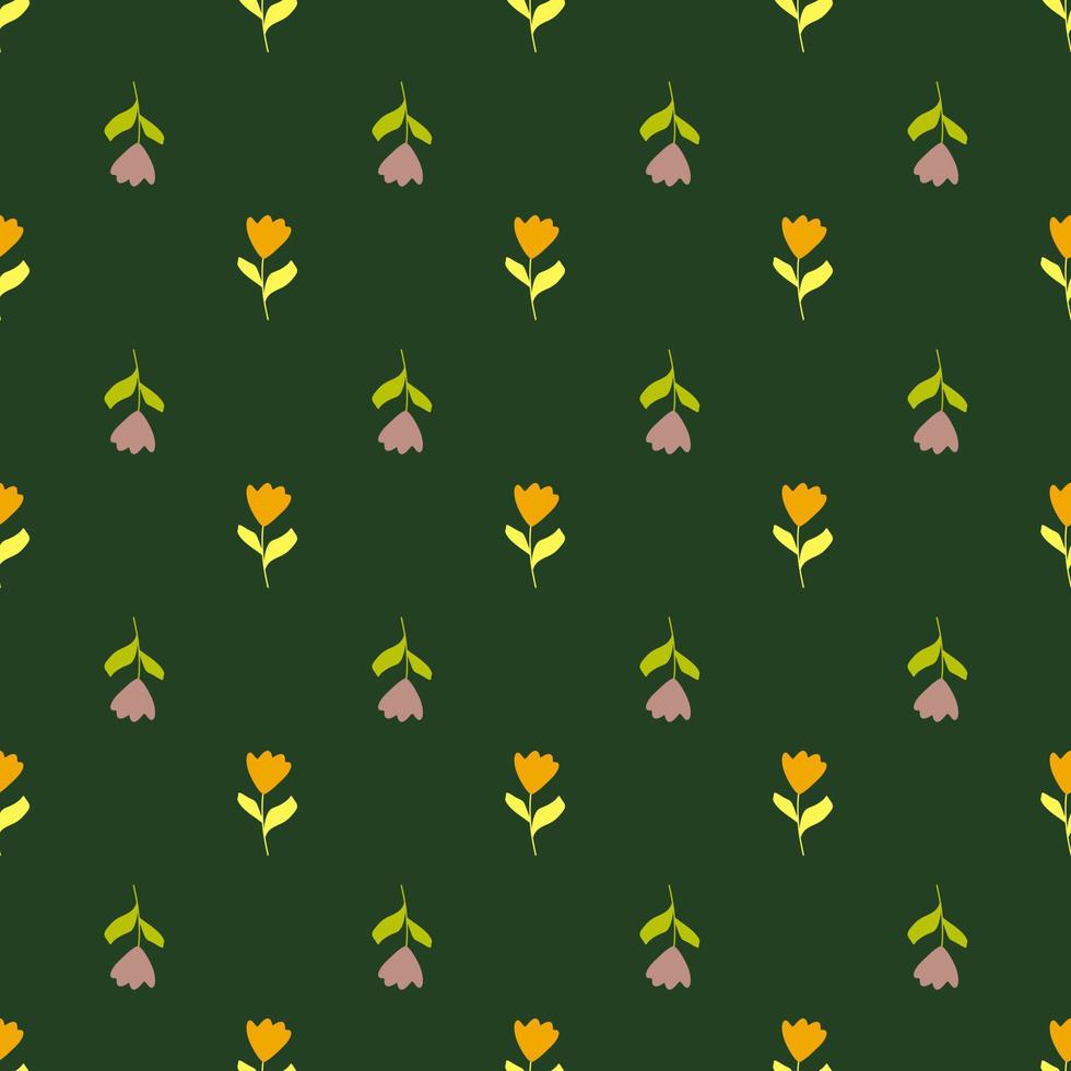 modèle sans couture de jardin avec des silhouettes de griffonnage de petites fleurs de tulipes violettes et orange simples. fond vert. vecteur