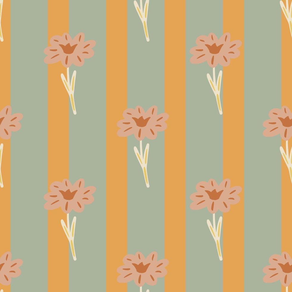 modèle sans couture avec main dessinant des fleurs sauvages sur fond rayé vert orange. modèle floral de vecteur dans le style doodle. douce texture botanique d'été.
