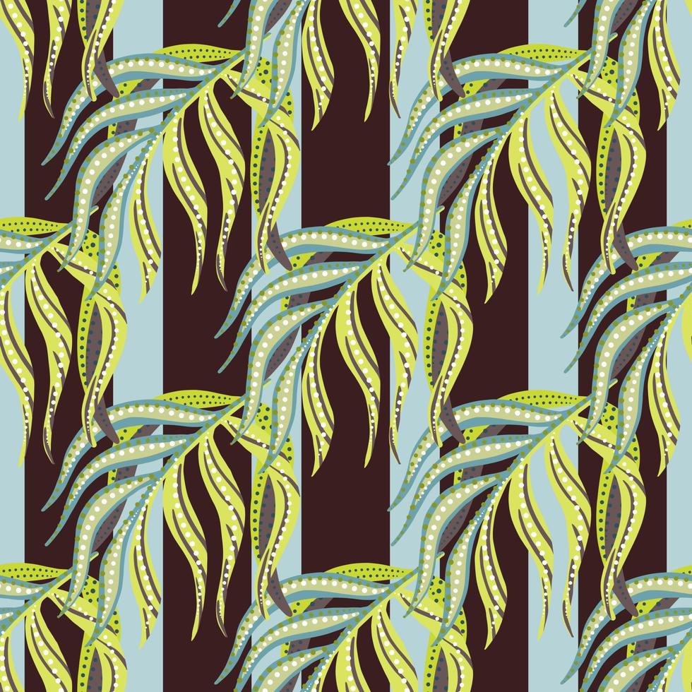 modèle sans couture organique abstrait avec des éléments créatifs de feuille de palmier. fond rayé bleu et marron. vecteur