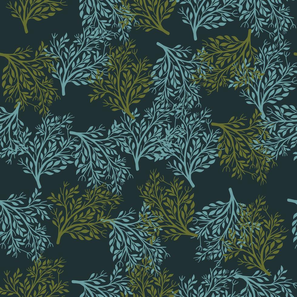 motif harmonieux de buisson vert et bleu aléatoire dans un style dessiné à la main. fond sombre. saison naturelle. vecteur
