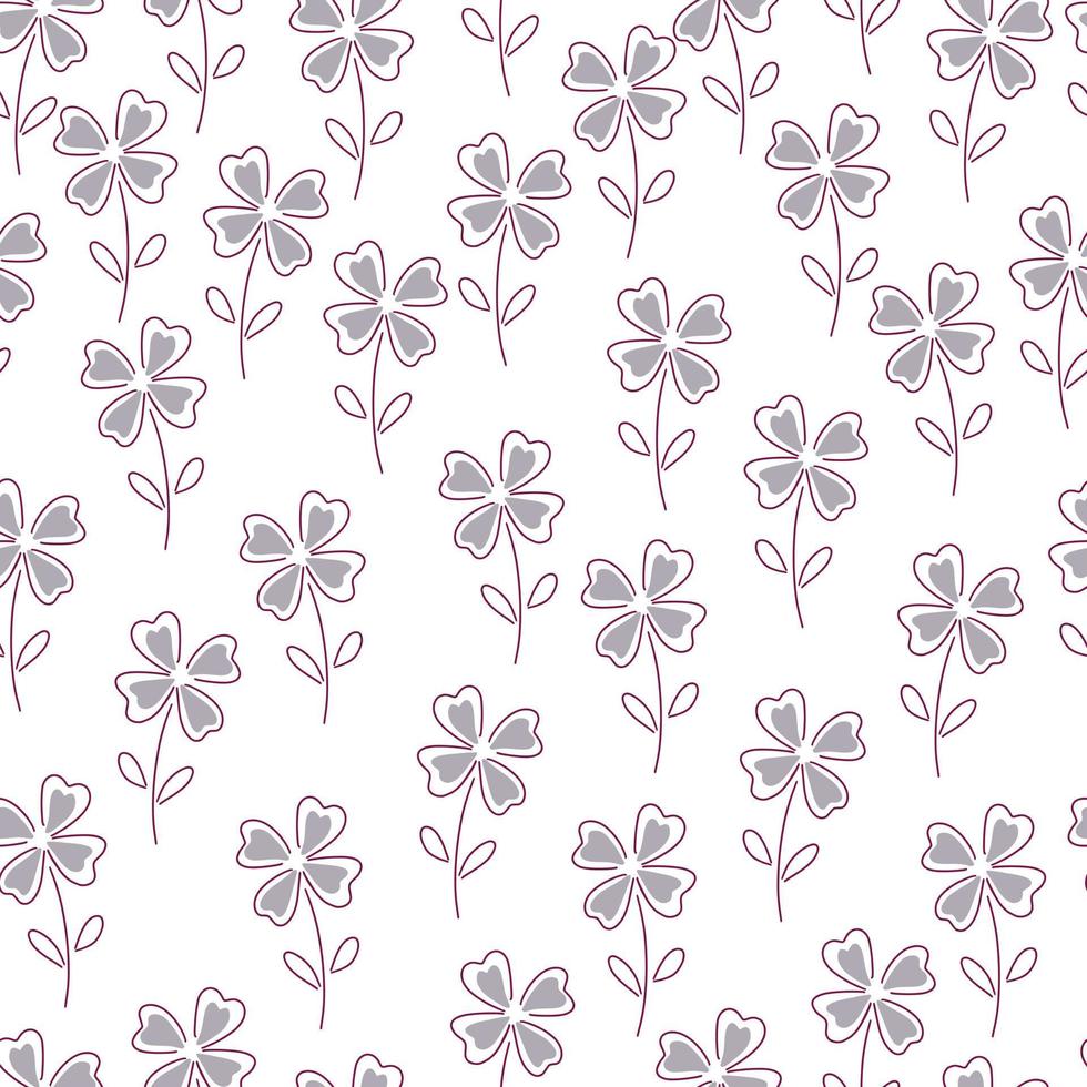 motif harmonieux de fleurs isolées avec impression de formes de feuilles de trèfle violet. fond blanc. impression nature. vecteur