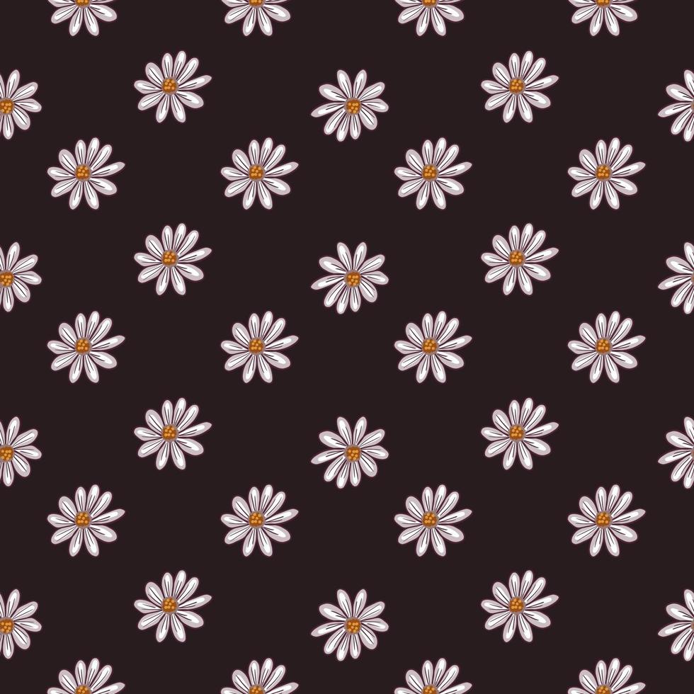 motif sans couture ditsy avec impression de petites silhouettes de fleurs de marguerite. fond marron foncé. oeuvre florale contrastée. vecteur