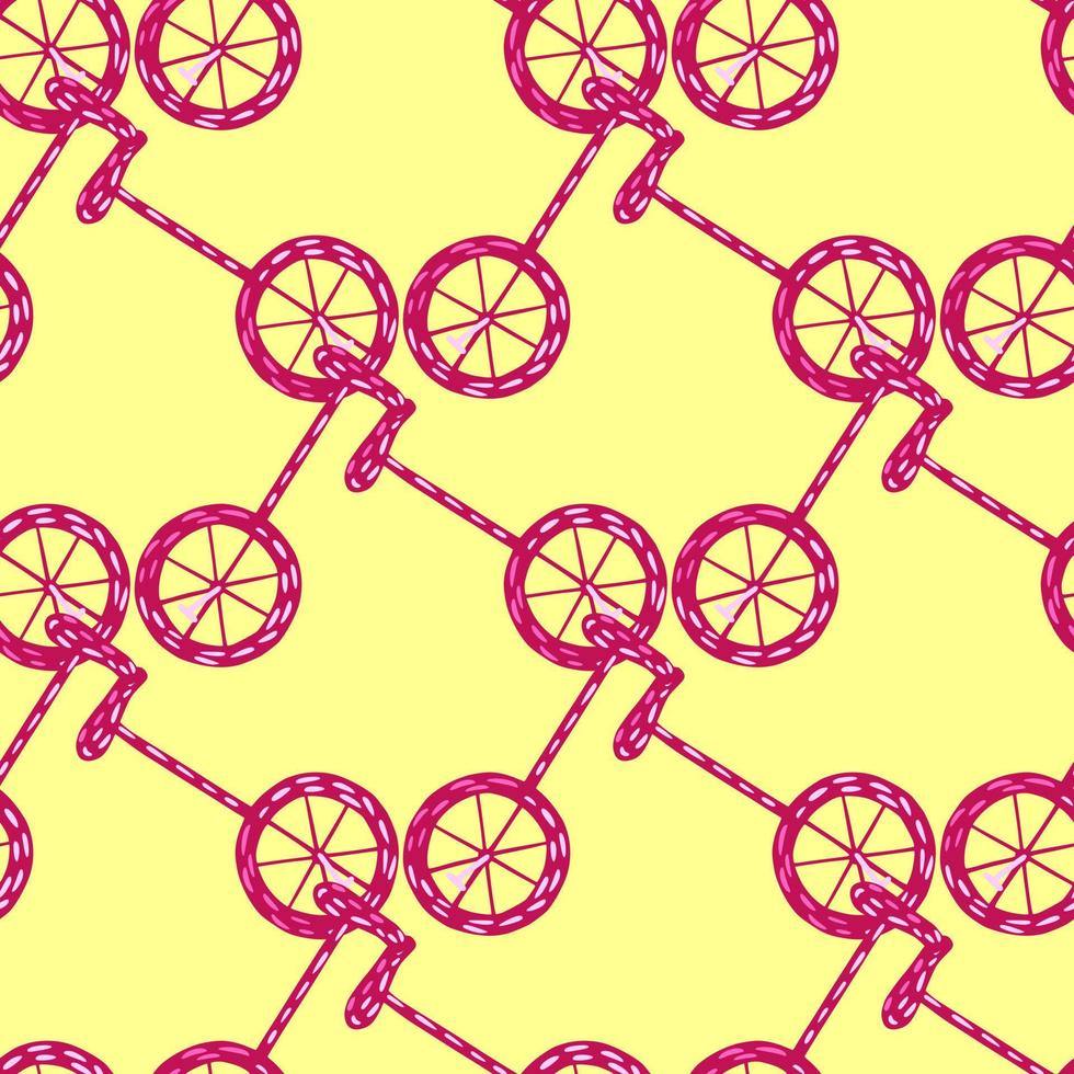 motif géométrique sans couture avec ornement de silhouettes de vélo rose vif. fond jaune clair. vecteur