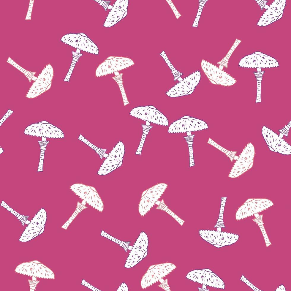 modèle sans couture d'automne nature avec des formes de champignons aléatoires. contour blanc ornement. fond rose. vecteur