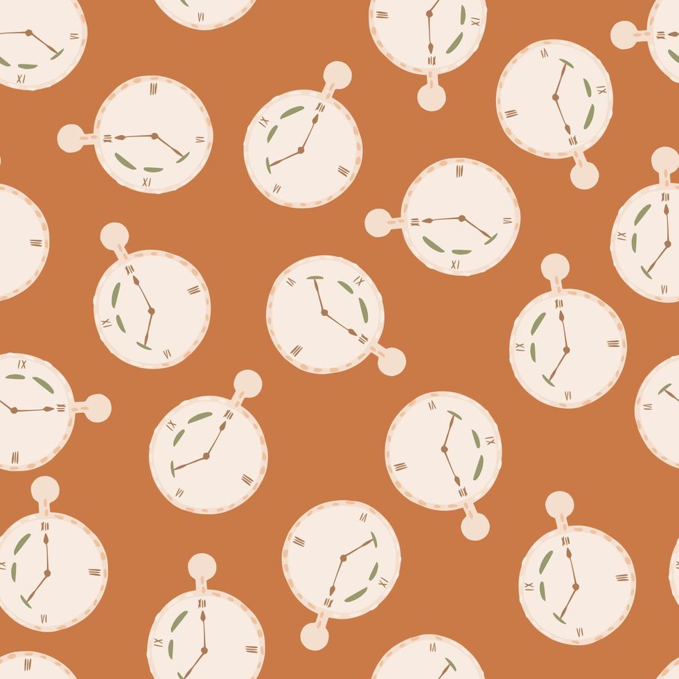 doodle modèle sans couture avec ornement d'éléments de chronomètre blanc. fond orangé. oeuvre abstraite. vecteur