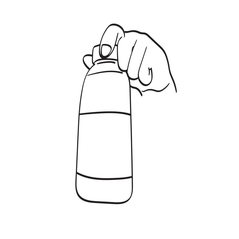 dessin au trait gros plan main tenant une bouteille d'eau en plastique avec étiquette vierge illustration vecteur dessiné à la main isolé sur fond blanc