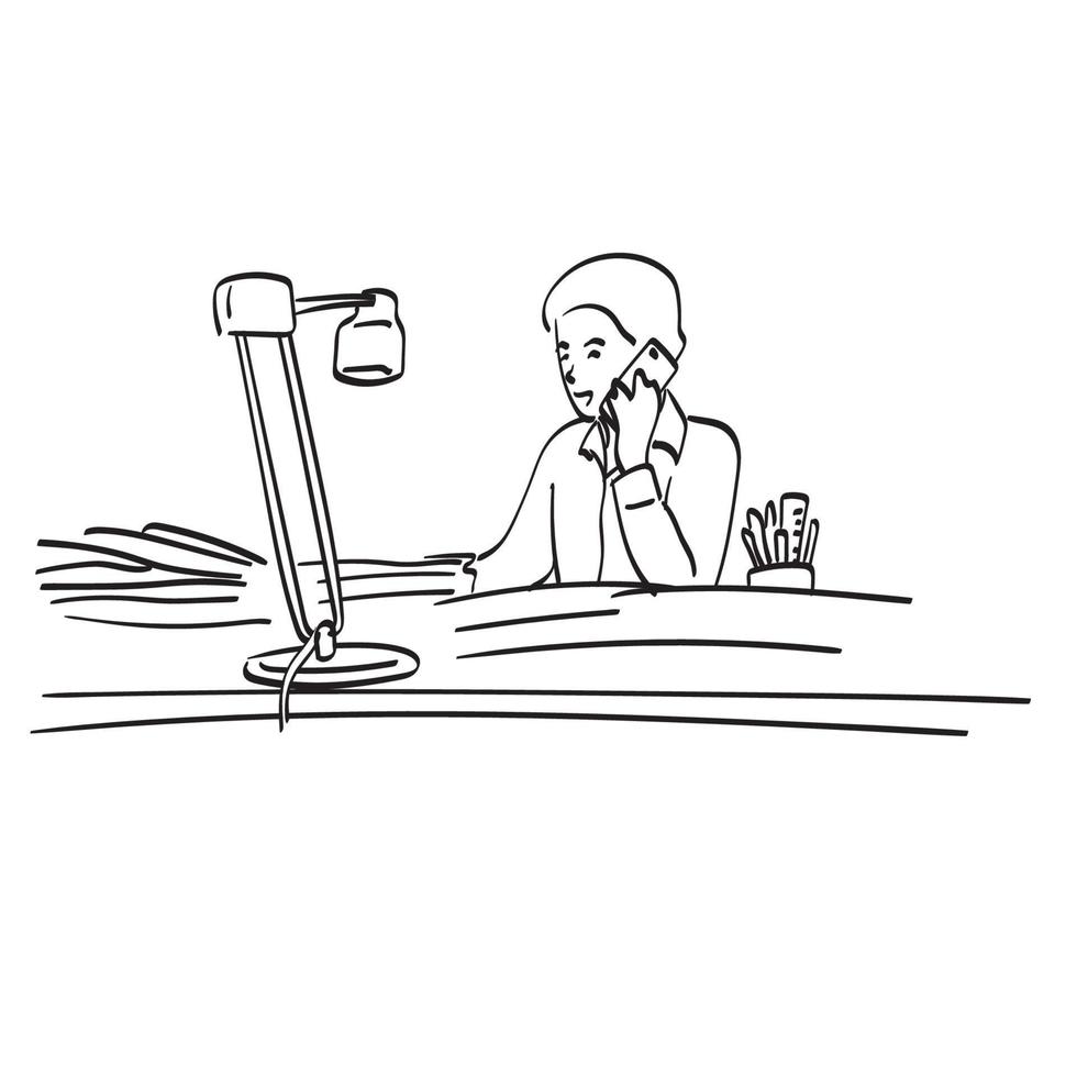dessin au trait homme d'affaires utilisant un smartphone sur un bureau en désordre illustration vecteur dessiné à la main isolé sur fond blanc