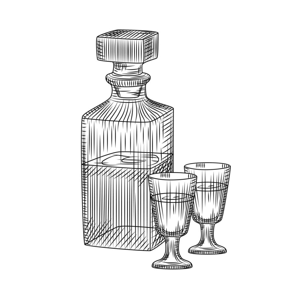 carafe en verre de cristal d'alcool dessiné à la main et deux croquis de verre plein isolé sur fond blanc. vecteur