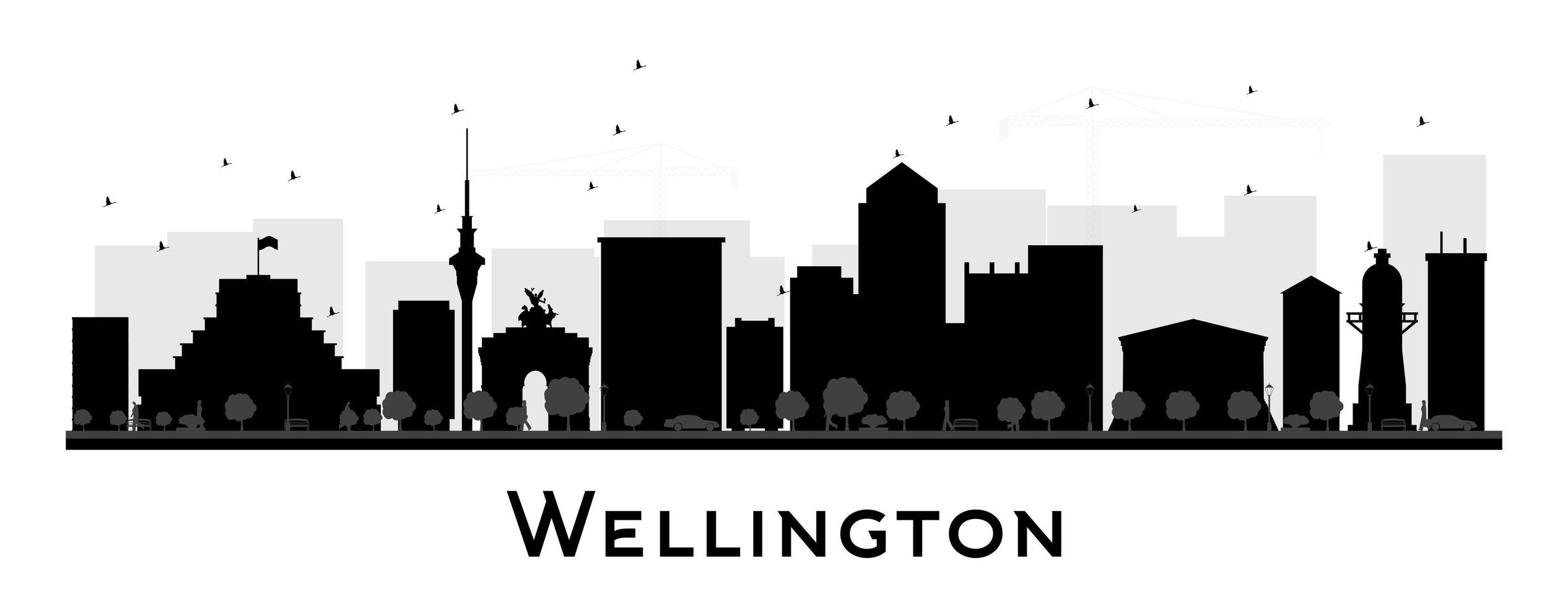 silhouette noire et blanche des toits de la ville de wellington. vecteur