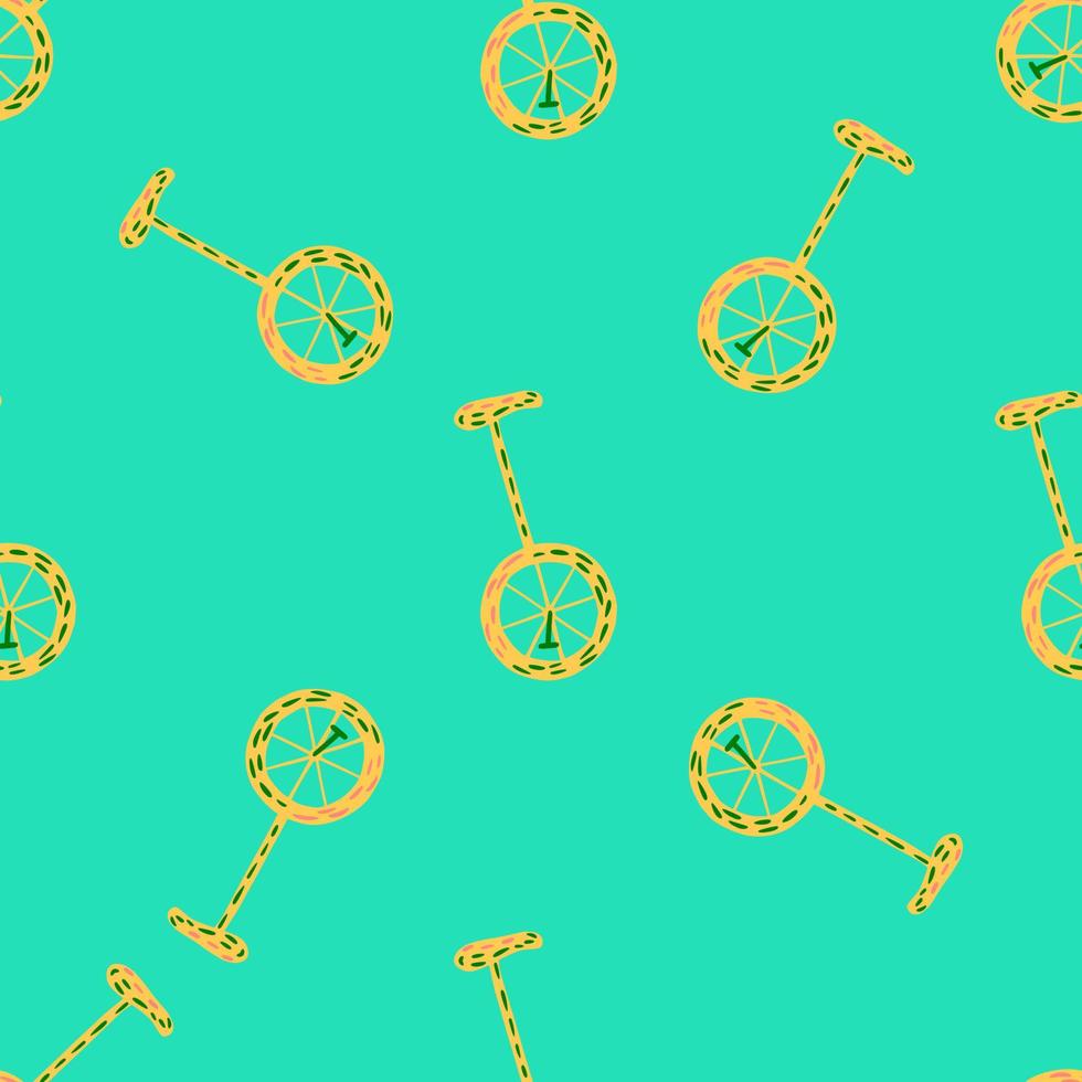 motif lumineux sans couture avec impression de vélo de couleur jaune aléatoire. fond turquoise. drôle de toile de fond. vecteur