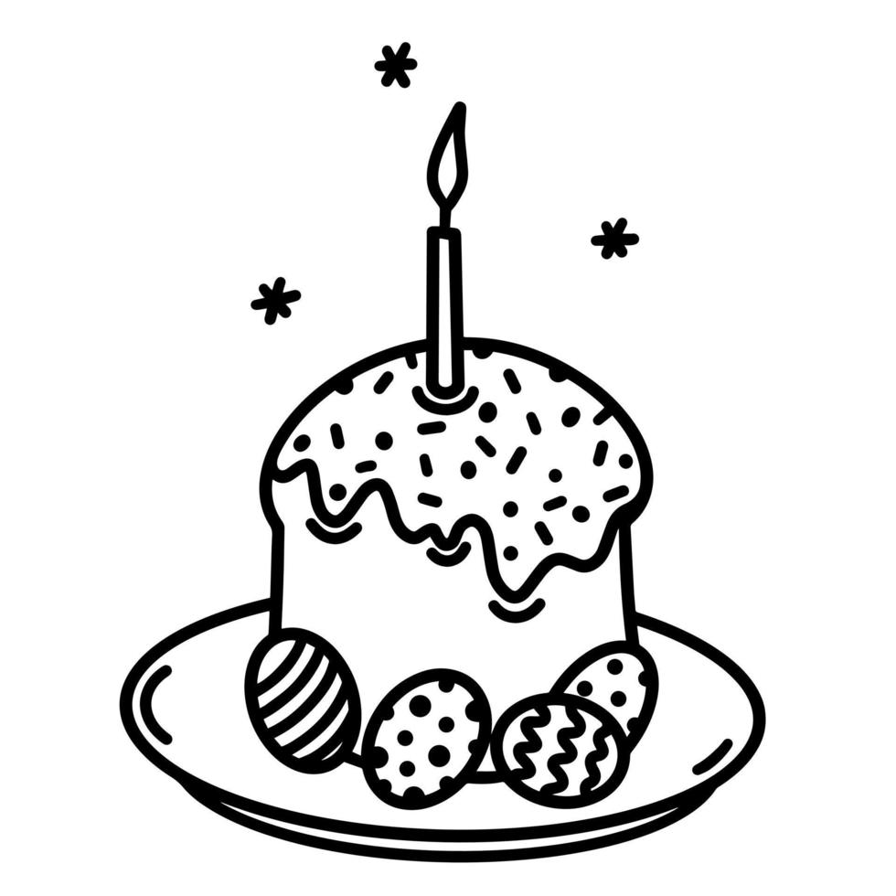 gâteau de pâques traditionnel, oeufs peints sur une assiette. icône de vecteur dessiné à la main isolé sur fond blanc. dessert festif avec glaçage, pépites, bougie allumée. doodle monochrome simple, contour