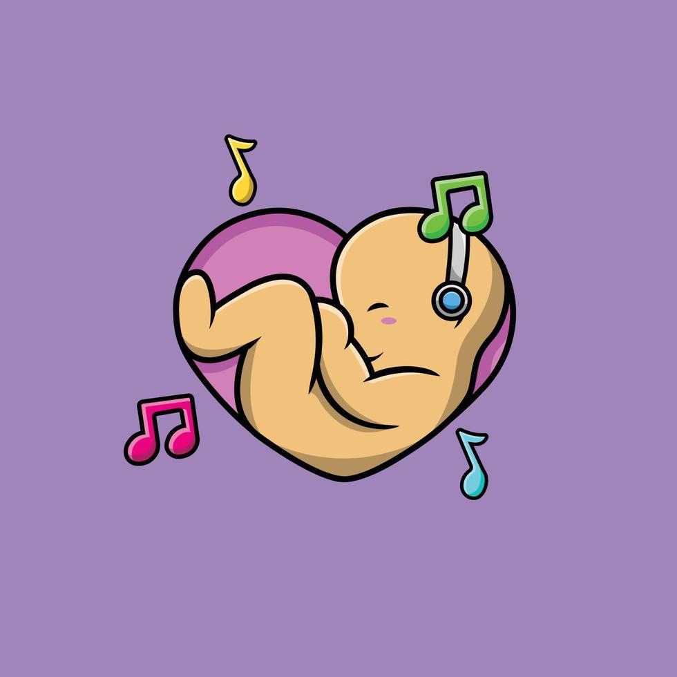bébé mignon écoutant de la musique avec un casque dans l'illustration de l'icône de vecteur de dessin animé de l'utérus. concept d'icône de technologie de personnes isolé vecteur premium. style de dessin animé plat