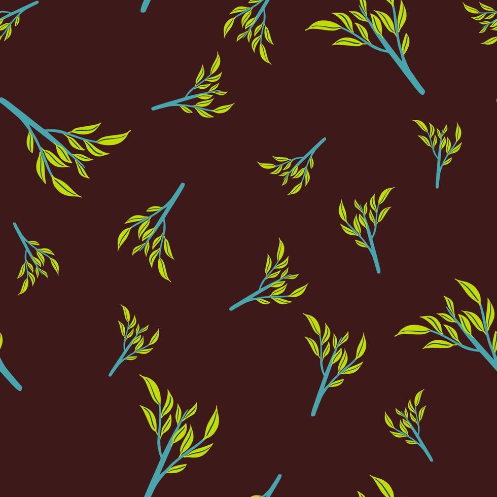 modèle sans couture de contraste abstrait aléatoire avec des formes de branches de feuilles jaunes. fond marron foncé. vecteur