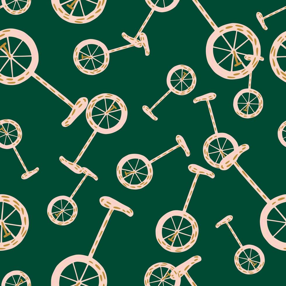 modèle sans couture aléatoire avec ornement de doodle vélo dessiné à la main. fond vert. conception simple. vecteur