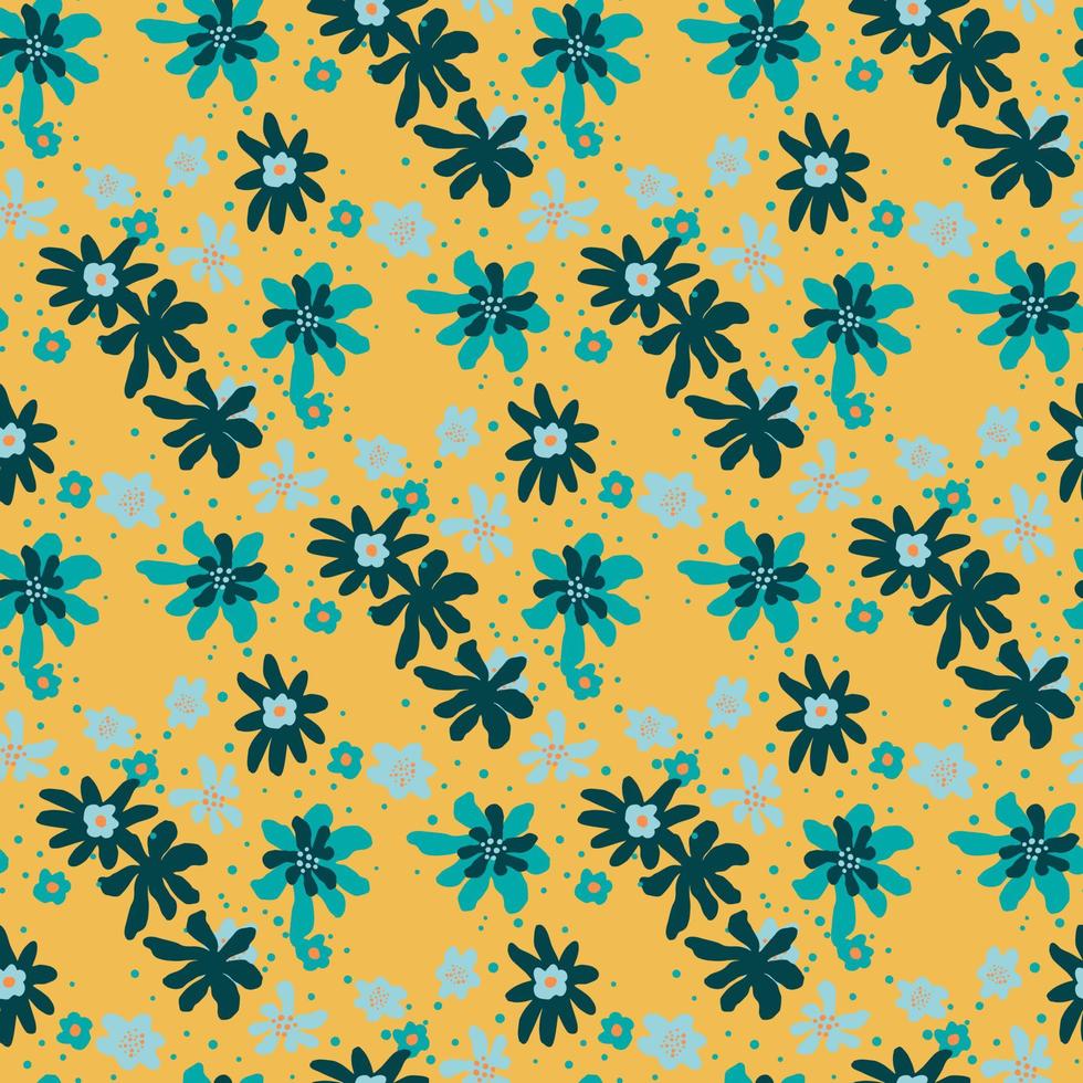 motif de doodle vintage sans couture avec ornement de fleurs bleues aléatoires. fond orangé. vecteur