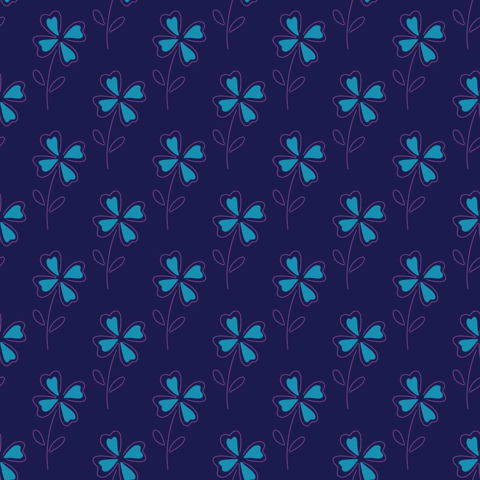 modèle sans couture votanic clower bleu vif à quatre feuilles dans le style doodle. fond bleu marine. vecteur