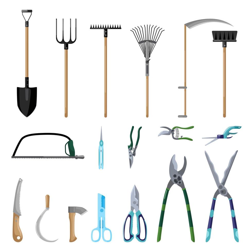 ensemble d'outils professionnels entretien jardin isolé sur fond blanc dans un style plat. sécateur de collection, pelle, fourche, balai, hache, faux, râteau. symboles de la ferme en kit vecteur