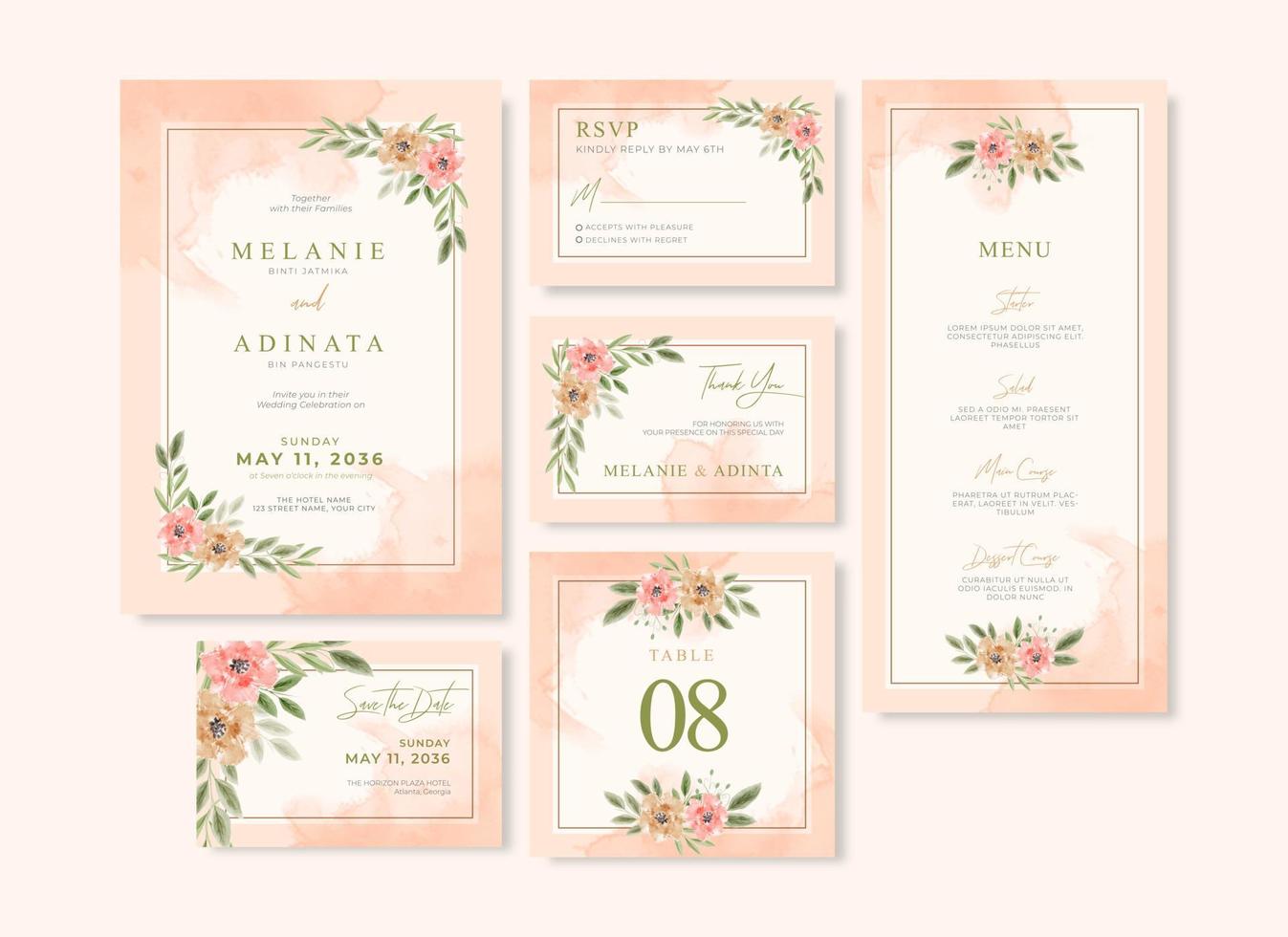 belle collection de papeterie de mariage peinte à la main avec aquarelle florale vecteur