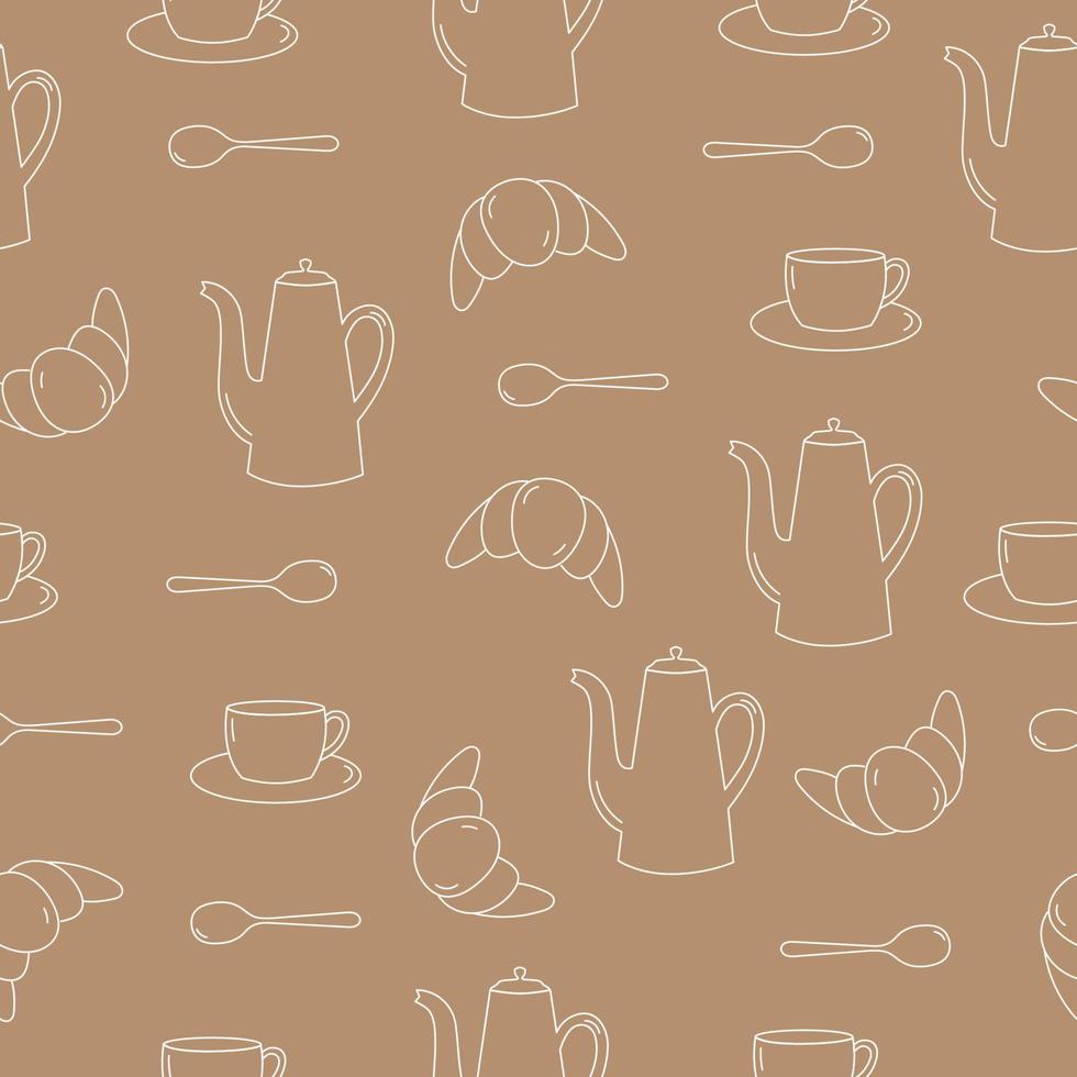 modèle sans couture de théière, tasse, cuillère et croissant d'art en ligne. objets beiges sur fond marron. vecteur