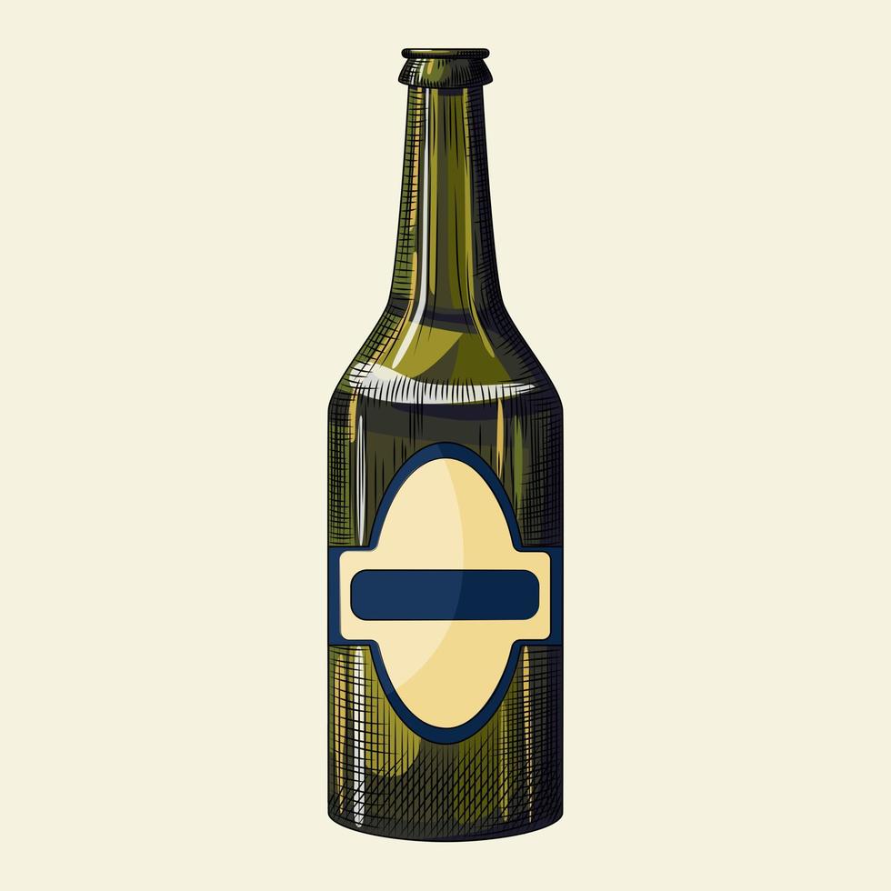 bouteille de bière verte dessinée à la main isolée sur fond clair. style vintage gravé. vecteur
