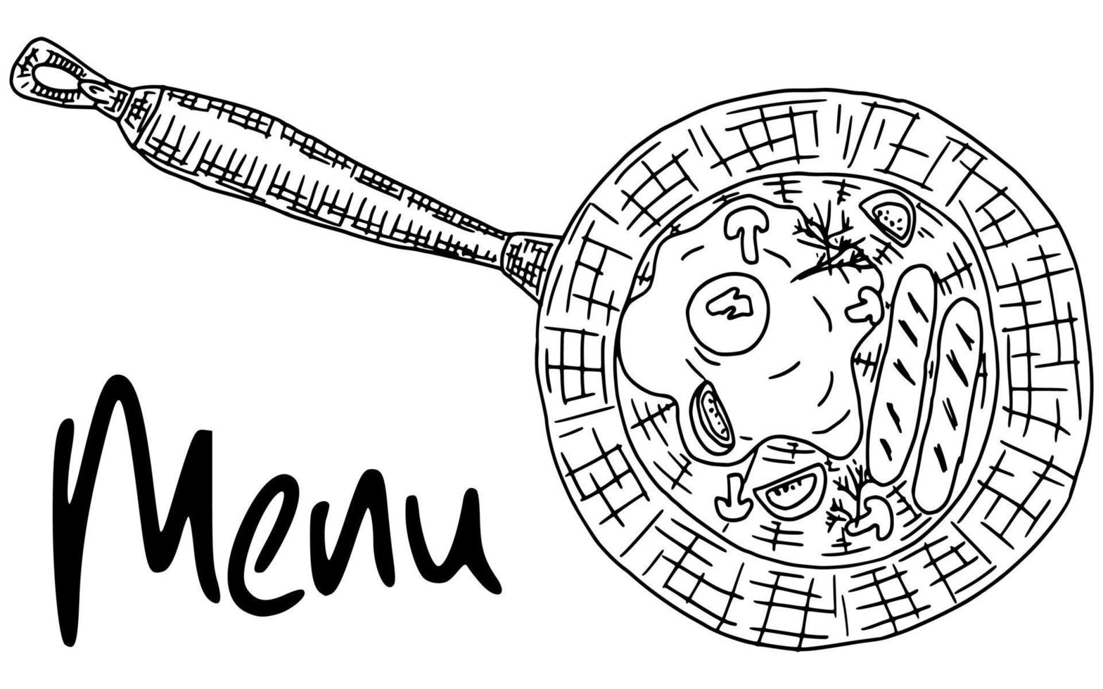 poêle à frire croquis dessin nourriture doodle contour vecteur