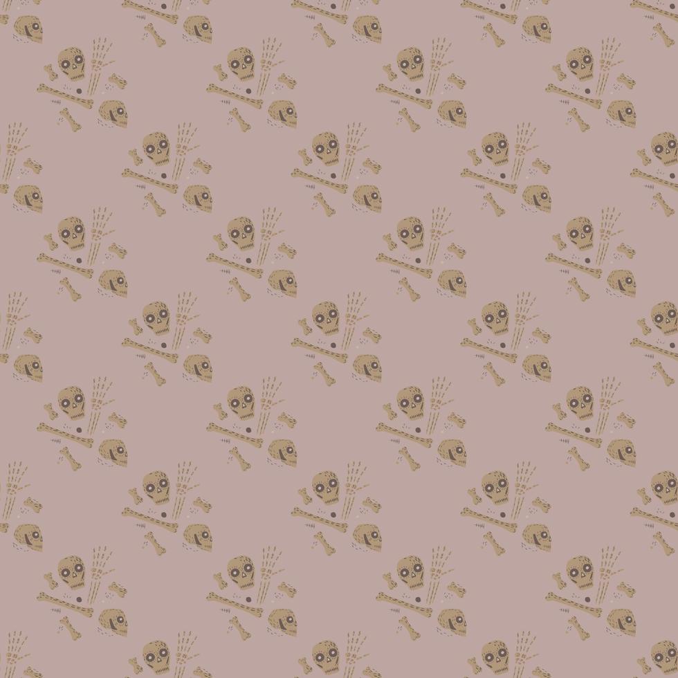 motif harmonieux de tons pâles avec des silhouettes de crâne et d'os beige doodle. fond pastel lilas. vecteur