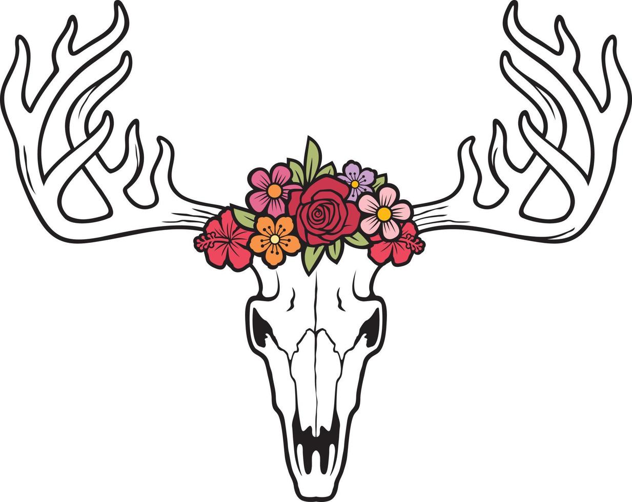 crâne de cerf avec illustration vectorielle de fleurs vecteur