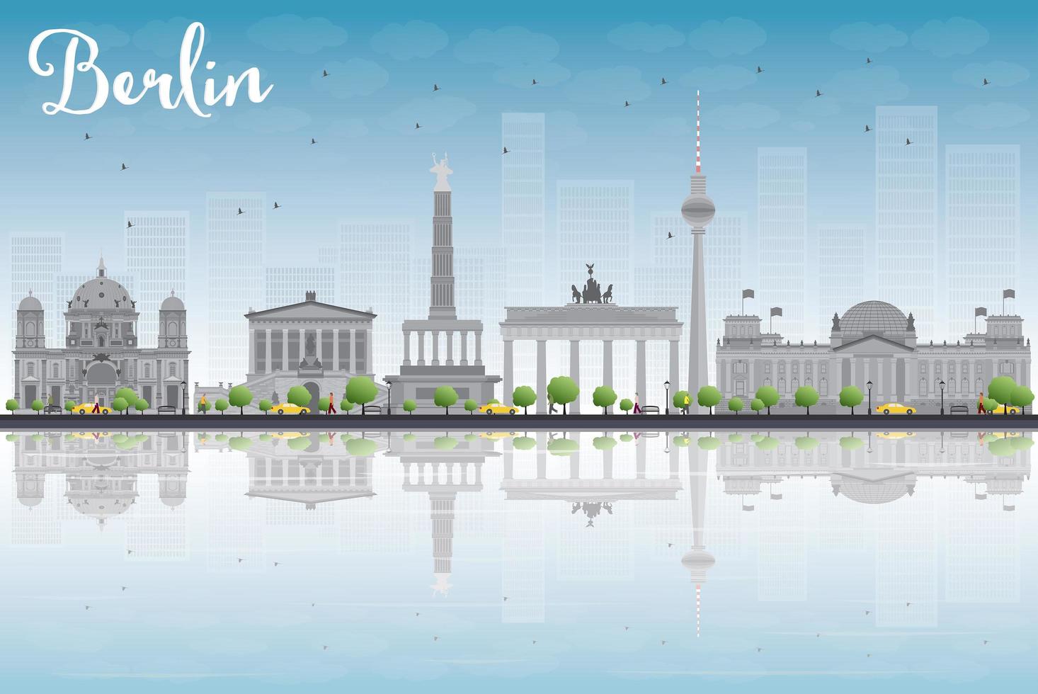 skyline de berlin avec bâtiment gris, ciel bleu et reflets vecteur