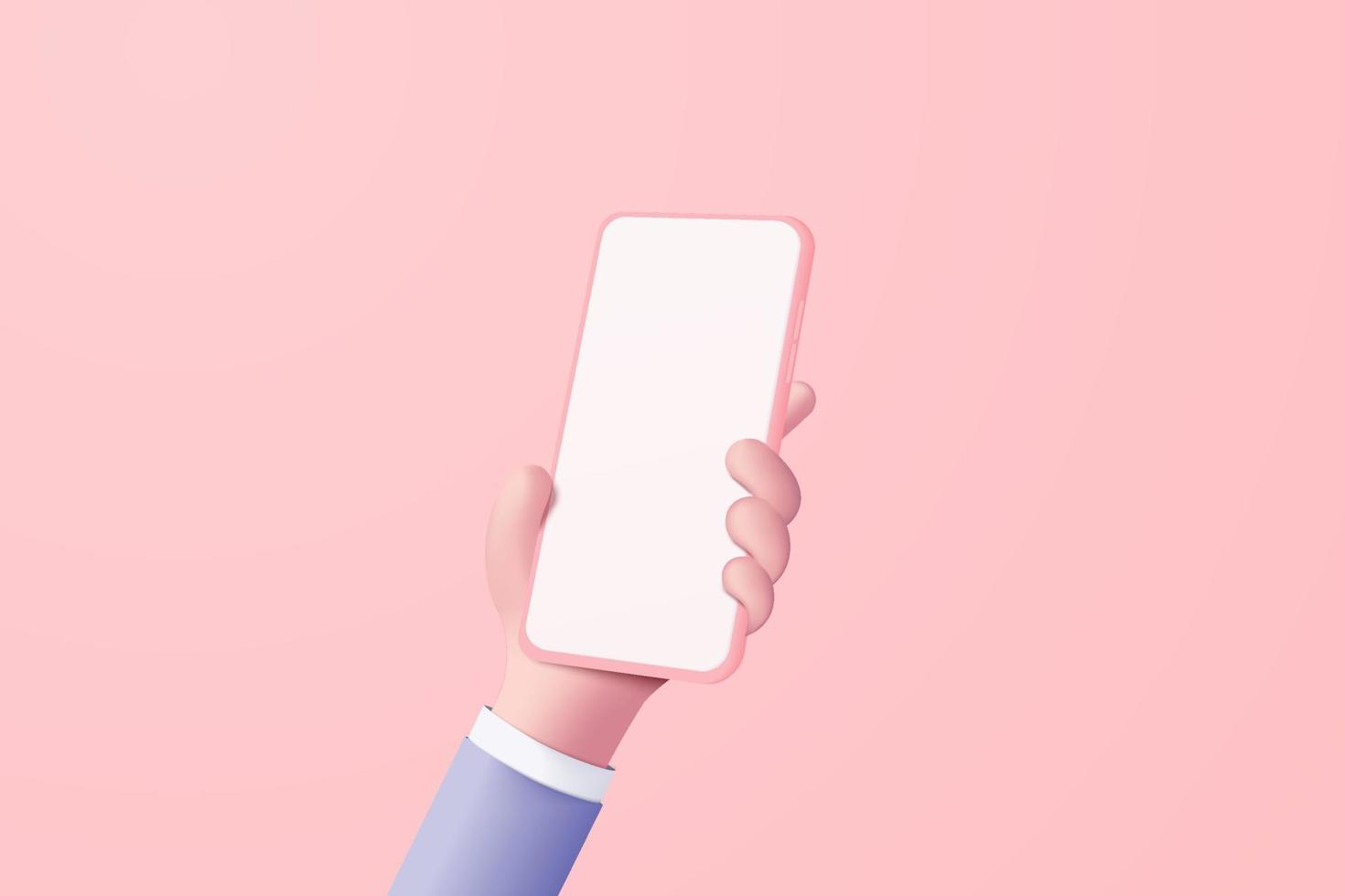 main de vecteur 3d tenant un téléphone portable isolé sur fond rose pastel, main utilisant un smartphone avec écran vide pour le concept mobile de maquette. vitrine affichage 3d scène minimale avec appareil smartphone