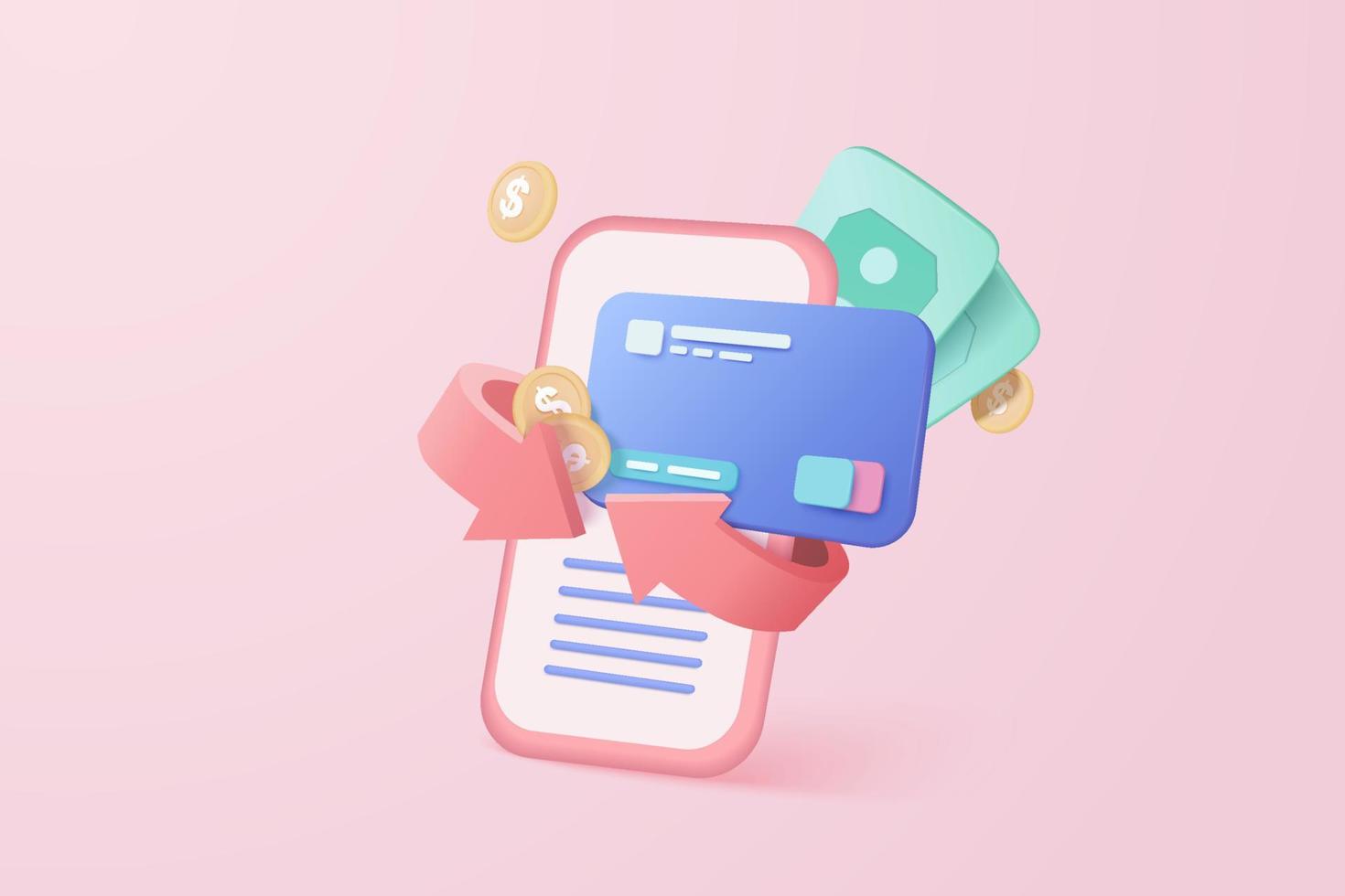 Remboursement d'argent vectoriel 3d avec carte de crédit. portefeuille de détention d'argent sur l'application mobile, paiement en ligne et concept d'économie d'argent en arrière-plan. Rendu de carte de crédit cashback 3d pour la banque d'affaires