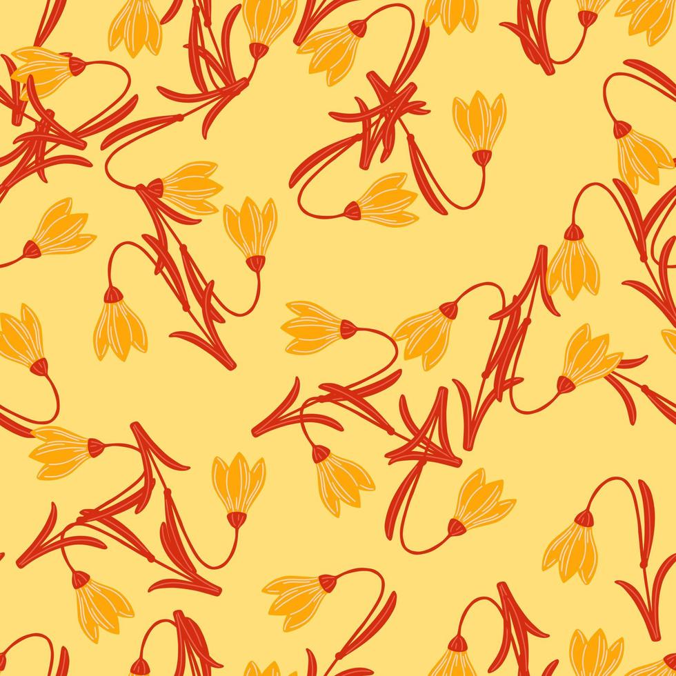 modèle sans couture d'ornement de bluebell de couleur rouge et orange. fond jaune clair. griffonnage stylistique. vecteur