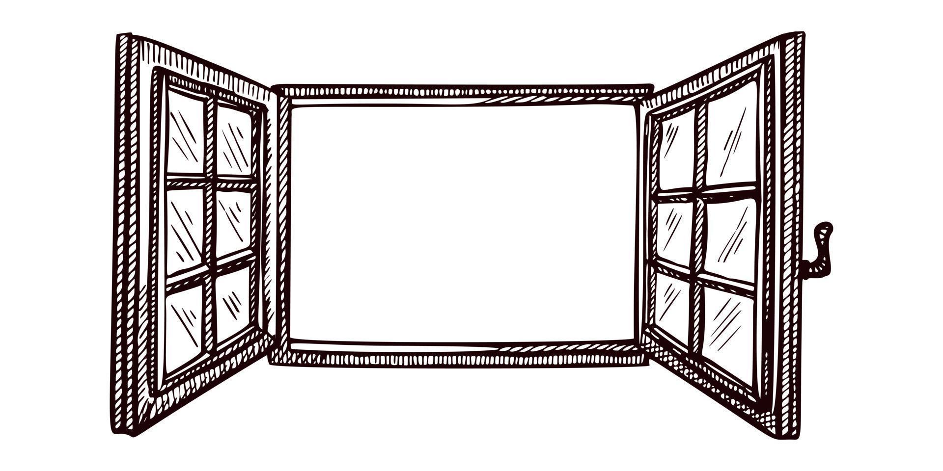 croquis de fenêtre ouverte isolé. élément rétro à l'intérieur du mur dans un style dessiné à la main. vecteur