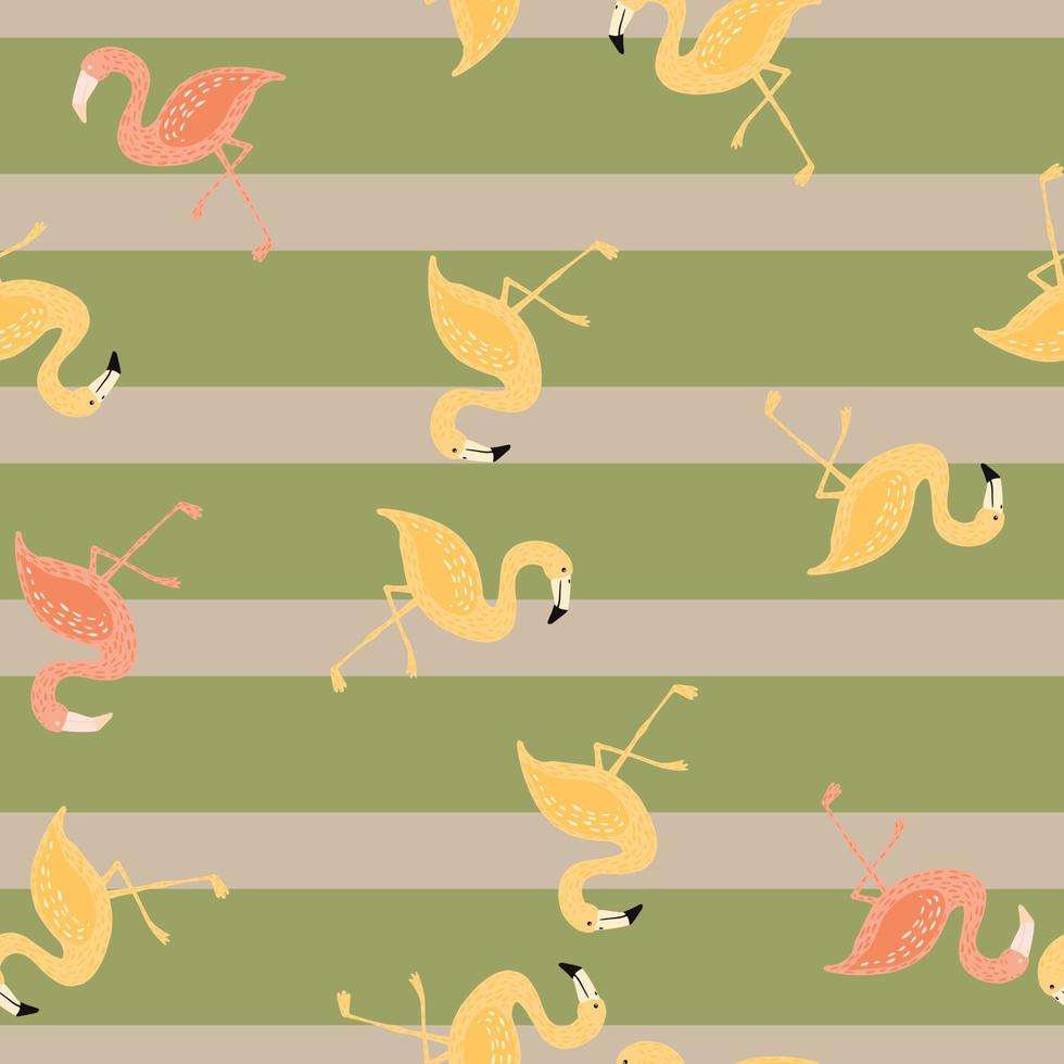 motif harmonieux aléatoire avec imprimé animal flamant rose et jaune de dessin animé. fond rayé vert et gris. vecteur