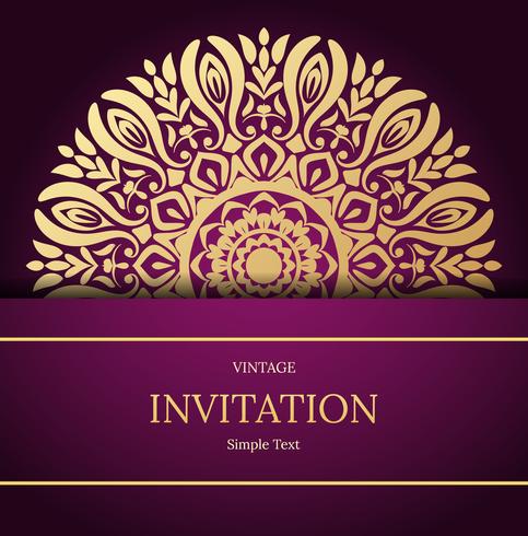 Conception élégante de carte Save The Date. Modèle de carte invitation floral vintage. Carte de voeux mandala tourbillon de luxe, or, violet vecteur