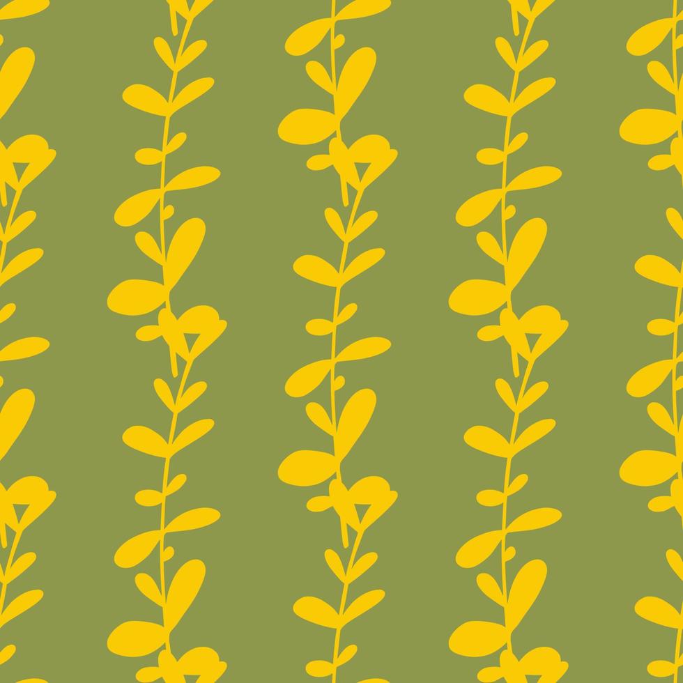 motif de doodle sans couture d'éléments d'eucalyptus à base de plantes jaunes. fond pastel vert. toile de fond d'été. vecteur