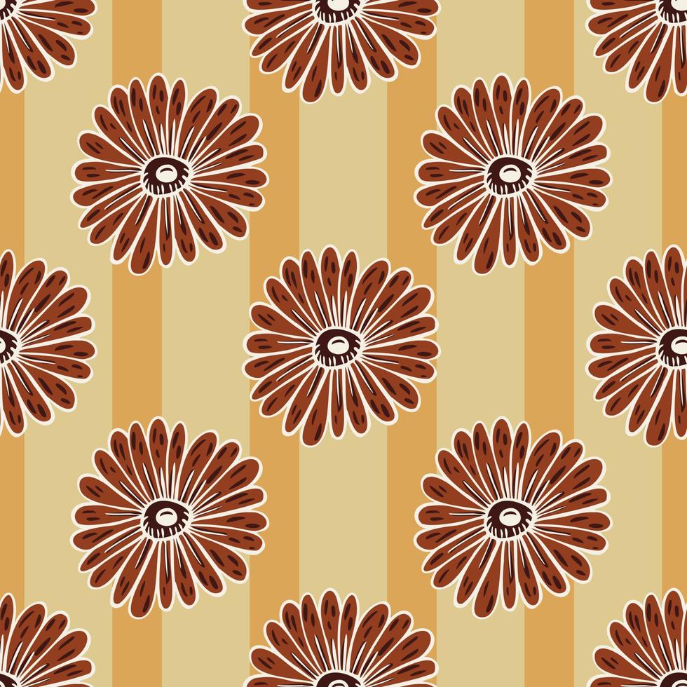 le tournesol aux contours marron forme un motif naturel sans couture. fond rayé orange pastel. vecteur