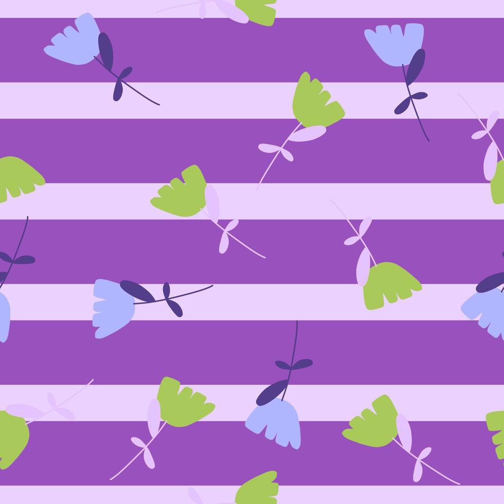 motif décoratif harmonieux d'éléments floraux bleus et verts aléatoires. fond rayé violet. vecteur