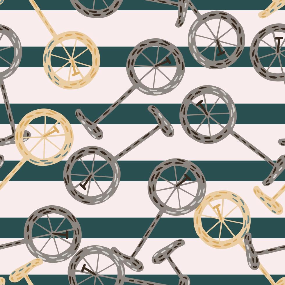 motif harmonieux aléatoire avec ornement de vélo doodle, fond rayé gris et turquoise. vecteur