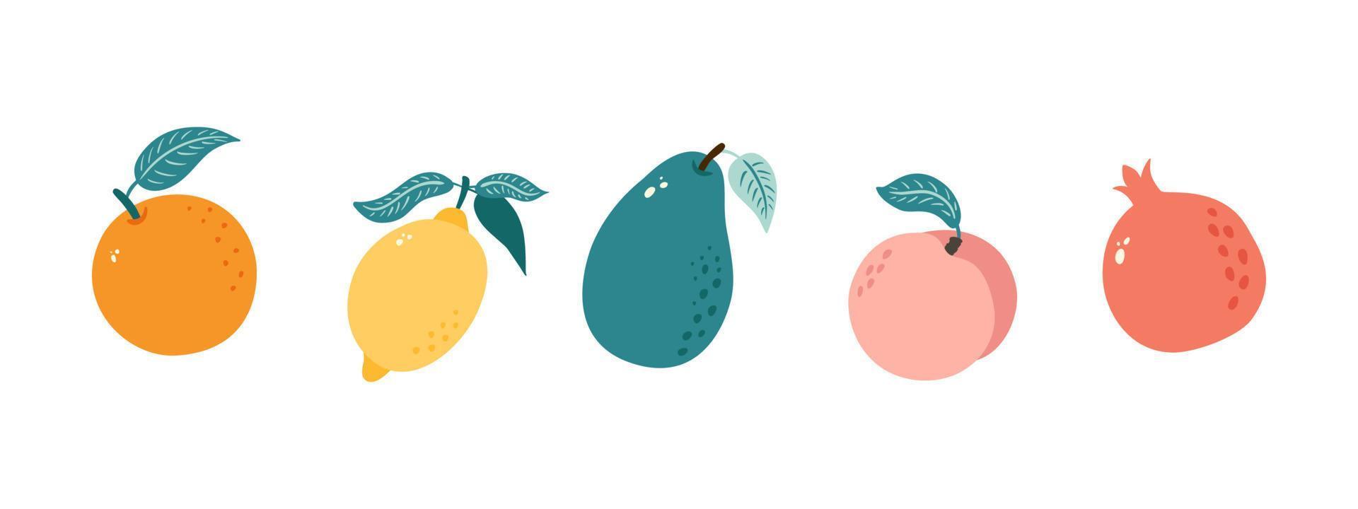 ensemble de griffonnages de fruits. collection de nourriture colorée de vecteur. orange, avocat, citron, pêche, grenat. icônes de fruits de dessin animé d'été vecteur