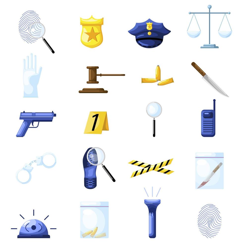 définir le détective dans un style plat sur fond blanc. éléments de police pistolet, insigne, menottes, notes, balle, empreinte digitale. vecteur