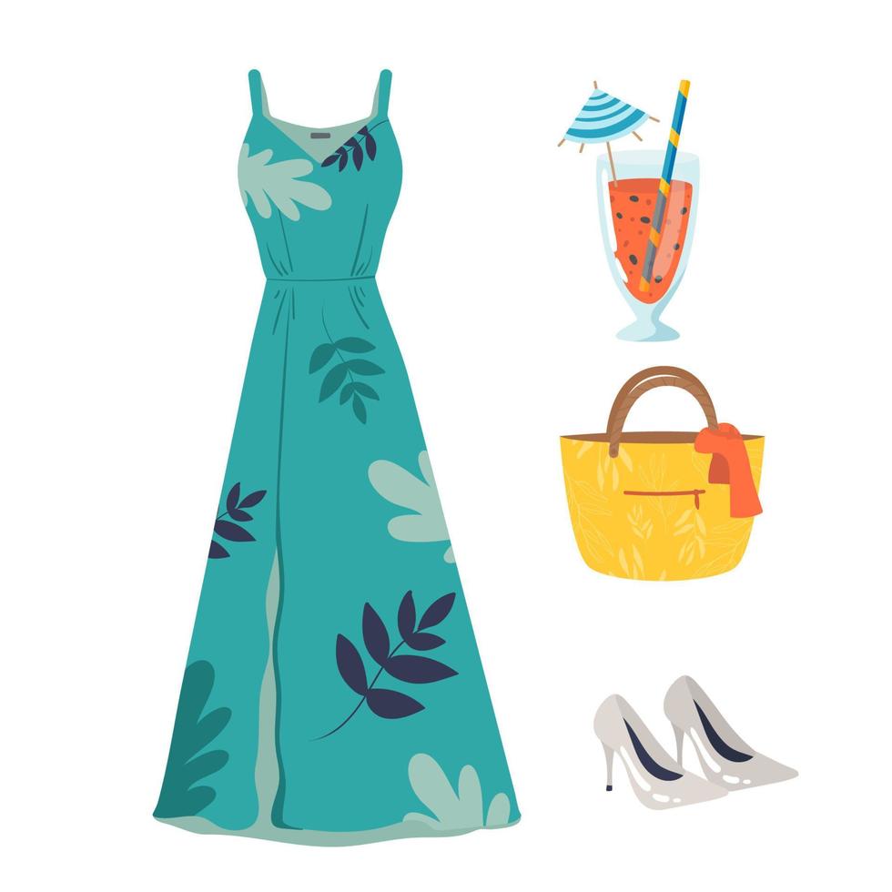 ensemble d'icônes vectorielles de vêtements d'été femme. robe d'été bleue robe à bretelles spaghetti avec imprimé feuille, imprimé brillant, maxi, sac, cocktail, chaussures à talons. Robe de soirée. collection de vêtements. voir vecteur