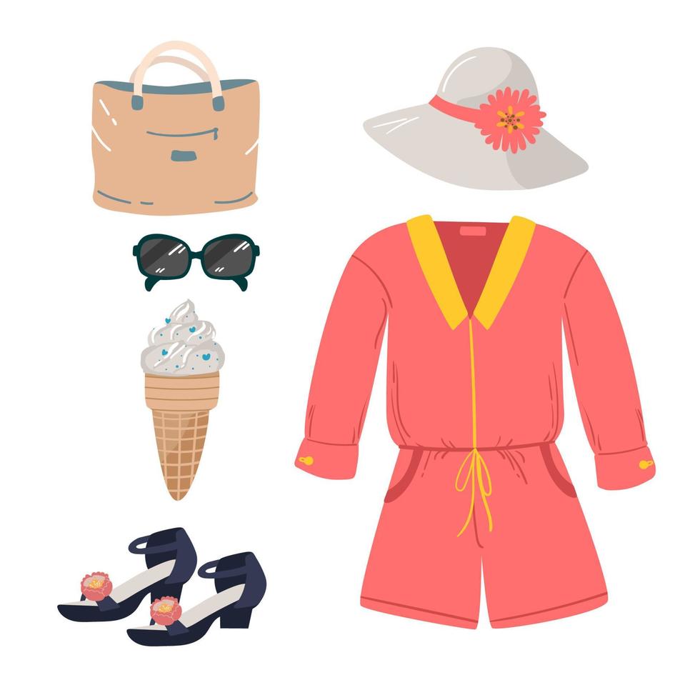 ensemble d'icônes vectorielles de vêtements d'été femme. sac, short combinaison rose, sandales, glace, lunettes de soleil, chapeau. collection de vêtements. vecteur