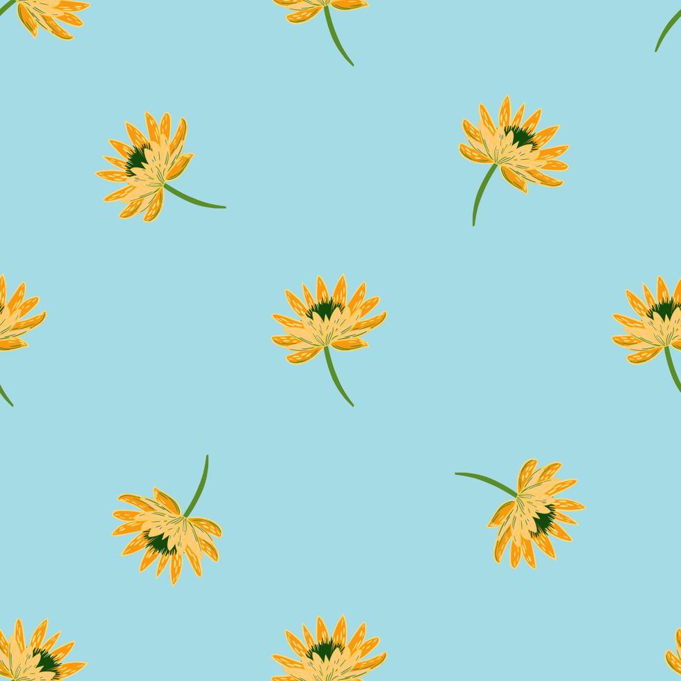 contrastez le modèle sans couture créatif avec l'impression jaune de fleurs de chrysanthème dessinées à la main. fond bleu. vecteur