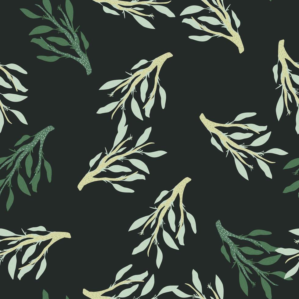 motif aléatoire sans couture avec des silhouettes de branches claires et vertes. fond gris foncé. vecteur