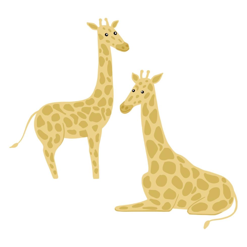 définir des girafes isolées sur fond blanc. personnage mignon est assis et pleine longueur. animaux de safari dans des taches de motif. vecteur