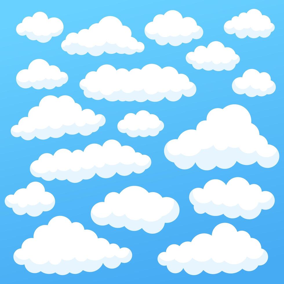 Nuages de dessin animé isolés sur la collection de panorama de ciel bleu. Cloudscape dans le ciel bleu, illustration de nuage blanc vecteur