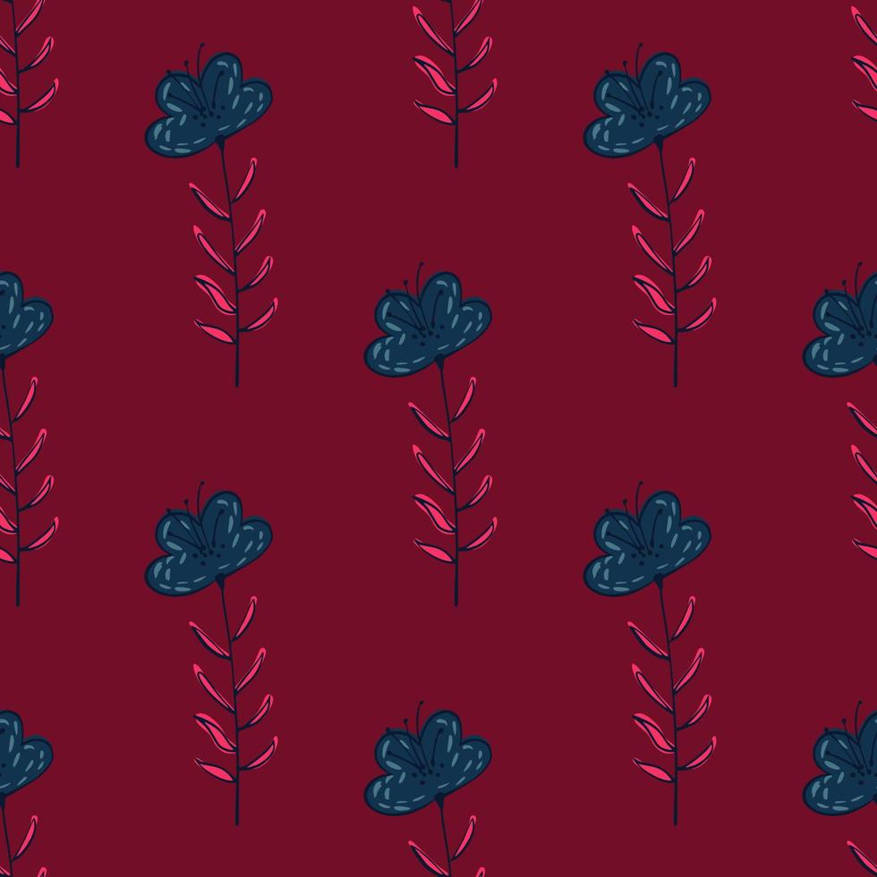 motif de doodle sans soudure botanique avec ornement de fleur dessiné à la main. formes florales bleues sur fond rouge foncé. vecteur